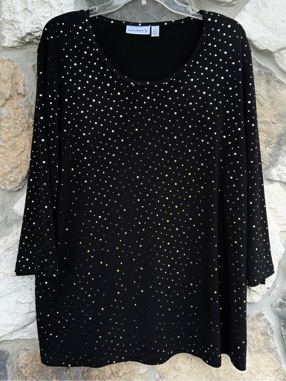 Susan Graver Liquid Knit Blouse Top Size 1X Black Shiny Sequin Elevated Basic